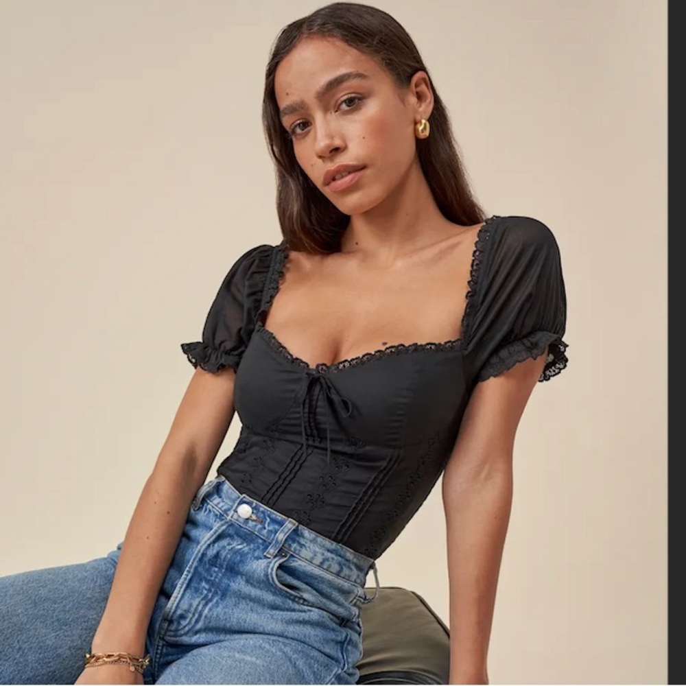 Reformation Black Puff Sleeve Miraflores Top